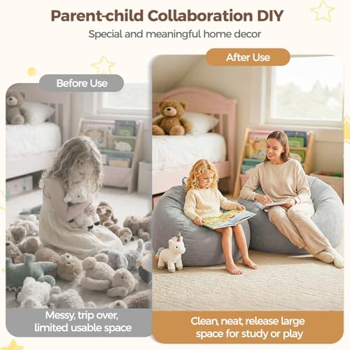 Image of Stuffed Animal Storage Bean Bag Chair Cover for Kids (No Filler), Soft Comfy Velvet Beanbag Chair Cover Machine Washable,Kids Bean Bag Chair with Handle for Living Room Bedroom Dorm,Light Gray
