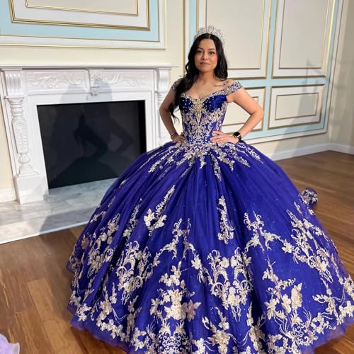 Mouccy Luxury Gold Lace Quinceanera Dresses Beaded Tulle Sweet 16 Dress with Train Sequin Vestidos De 15 años Quinceañera3