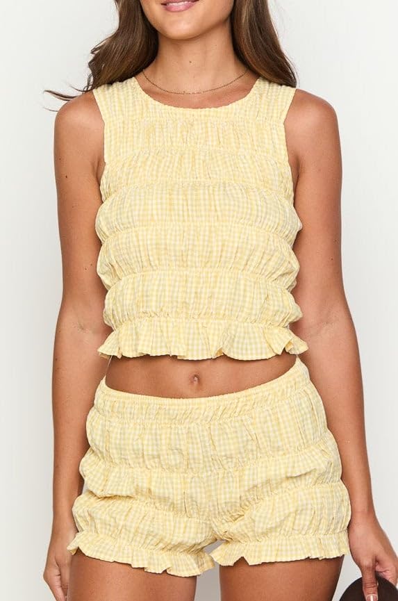 Argeousgor Women Y2K Smocked Shorts Set Tiered Ruched Shirred Tank Top Ruffle Frill Bloomer Pleated Shorts Set4