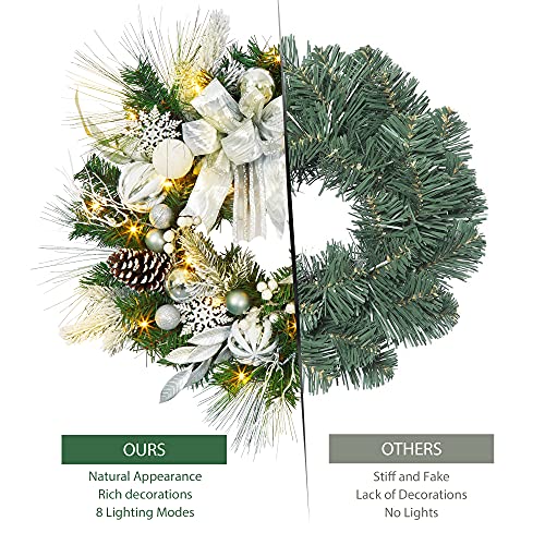 24 inch Lighted Christmas Wreath with LED Lights Indoor Outdoor Battery Operated Christmas Wreath Decoration Xmas Wreath for Fireplace Front Door Holiday Home Decor