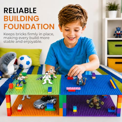Image of Strictly Briks Stackable Baseplates - 24 Pack 10 inchx10 inch, 32x32 Studs, Compatible with Lego for Building City Scenes, Foundation, Displays Bricks on Play Table, Kids Gift, Rainbow