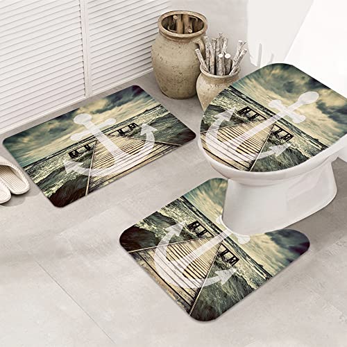 Badematte Badvorleger Set 3-tlg. Teppich, Nautisch, Ankerdruck in Meereswellen mit langem Holzsteg, bewölktem Himmel, 3D…