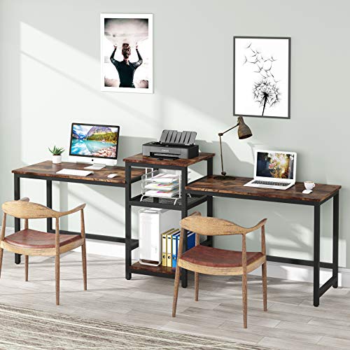 Tribesigns 96.9" Double Computer Desk With Printer Shelf, Extra Long Two Person Desk Workstation With Storage Shelves, Large Office Desk Study Writing Table For Home Office, Dark Brown #TOP1