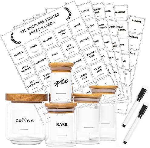 175 Spice Jar Labels Preprinted, Minimalist Black Text White Label, Waterproof Spice Labels Stickers Fit Round or Rectangle Spice Jars. Herb Seasoning ...