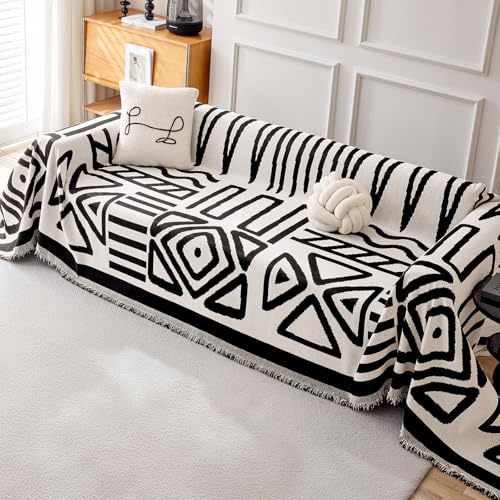 Royhom Housse de Canapé d'angle, Housse Canapé 3 Places, Couvre Canape Chenille, Protege Canape Angle avec Glands Décoratifs, Anti-Rides, Boho Noir &...