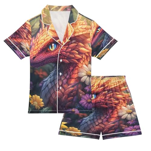 ALAZA Dragon Flower 3d Satin Pajamas Set Short Sleeve Button Down Sleepwear Summer Pjs 2 Piece
