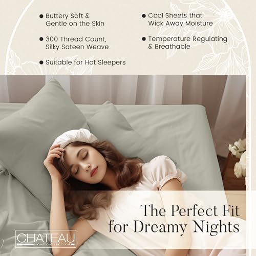 CHATEAU HOME COLLECTION 100% Organic Cotton Sheets Twin Size, Soft & Comfy Breathable 300 Thread Count Deep Pocket Sheets for All Seasons, Machine Washable No Pill Thick Cotton Bed Sheet – Sage