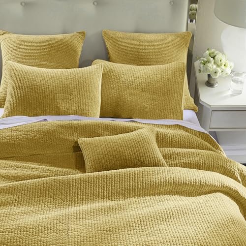 HiEnd Accents Stonewashed Cotton Velvet 3 Piece Quilt Set with Pillow Shams, King Size, Yellow Solid Color, Classic Traditional Bedding, Soft Lightweight Bed Cover, 1 Quilt and 2 Pillowcases