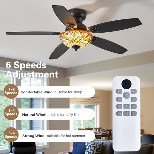 Size 48 Color Brown Tiffany Ceiling Fans with Lights - 48 Ceiling Fan Chandelier with 5 Dual-Blades and Glass Shade, 6 Speeds and Reversible, Indoor and Outdoor, Retro Style