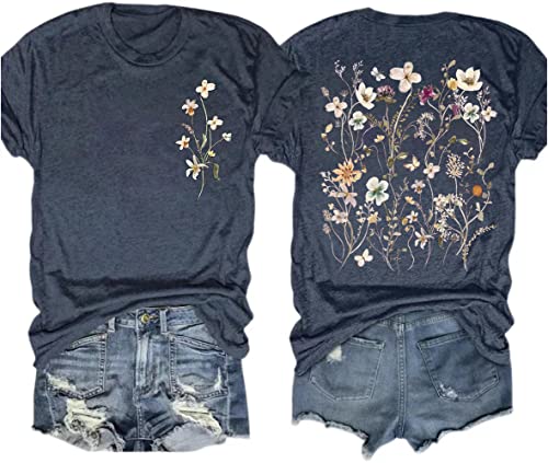 Women's Vintage Flowers Shirt Casual Boho Cottagecore Pastel Botanical Floral Printed T-Shirt Wildflowers Graphic Tees Tops(Navy,XXL)