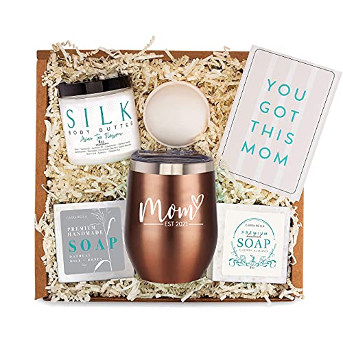 Pregnancy Gifts for First Time Moms - Mom Est. 2021 Spa Bath Box Set w/Rose Gold Tumbler - New Mom Gift Basket for New Mom - Expecting New Mom Essentials - Pregnancy Must Haves for First Time Moms -