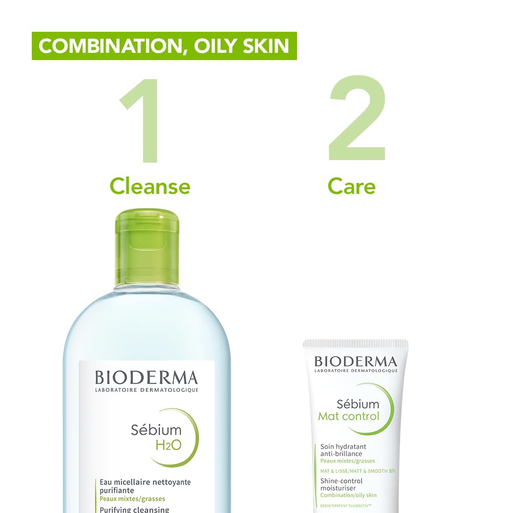 BIODERMA Sébium H2O - Acqua Micellare Dermatologica - Deterge, Strucca e Purifica - Limita la Secrezione di Sebo - Pelle da Mista a Grassa - Prescritta da Dermatologi - Flacone da 500 ml