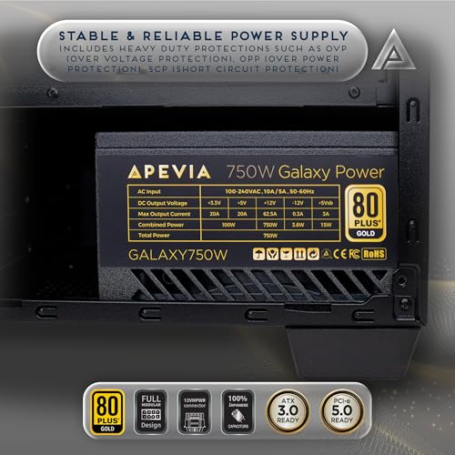 Image of Apevia Galaxy 750W 80+ Gold ATX 3.1 Fully Modular Gaming Power Supply, PCIe 5.1 Ready 16-Pin 12VHPWR PSU, 100% Japanese Capacitors, Silent 135mm FDB Fan, Stable +12V Rail for RTX 40 /50 Series
