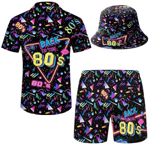 Men's 2 piece 80s 90s rave outfits for Men Hawaiian Shirts with a Bucket Hat4
