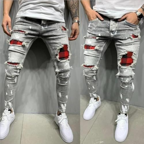 Jeans Pants Trouser Denim Punch Print Stretch Tight Street Trendy Small Leg for Men4