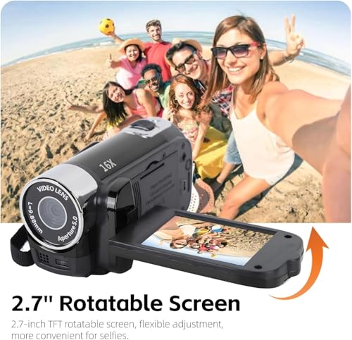Yosoo Health Gear Videokamera Camcorder, 4K 48 MP DV Handkamera, 2,7-Zoll TFT drehbarer Bildschirm, 16 facher Digitalzoom Videokamera mit USB Kabel, Kompakter Camcorder (Black) – Bild 3