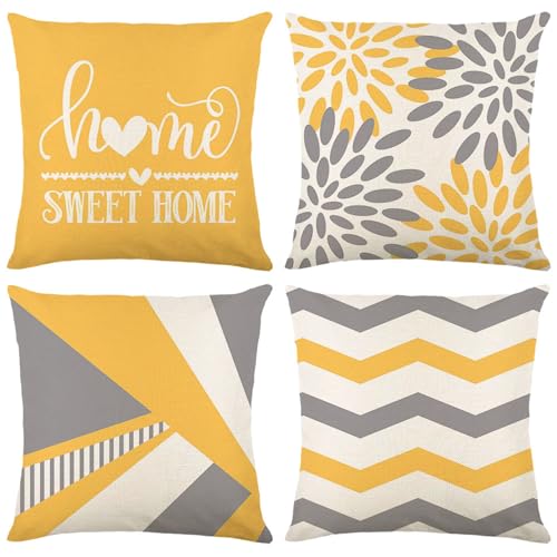 Trlyane Lot de 4 Housses de Coussin en Lin 45x45cm, Style Moderne Jaune et Gris Home Sweet Home,...