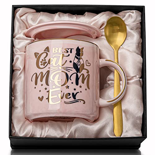 Cat Mom Gifts for Women Cat Gifts for Cat Lovers Best Cat Mom Ever 14oz Pink Ceramic Marble Gold Pattern Coffee Mug with Gift Box Christmas gifts for Crazy Cat Lady Mom Wife Daughter Friends