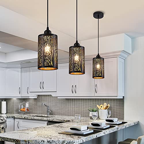 Shining Gold Industrial Black Pendant Light Fixture Vintage Mini Black Pendant Lighting With Gold Finish Farmhouse Rustic Hollow-Carved Cylinder Pendant Light For Kitchen Island thumb #6