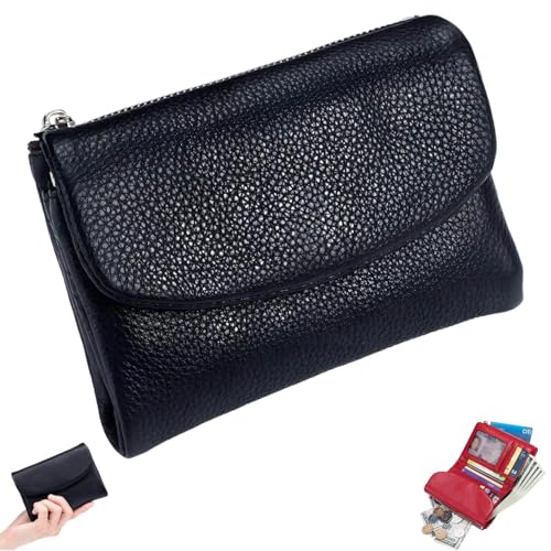 Unisex Pebble Leather Wallet, Compact Genuine Leather Bifold Coin Purse with Credit Card Holder, Small Wallets for Men and Women (Black)