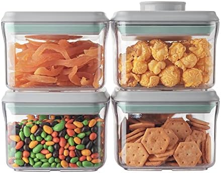 Ankou Airtight Container Set - (380ml 4 Pcs) Stackable One Button Openning Food Containers for Snacks Candy Salt Herbs Spices BPA-Free Tranparent (0.32 QT * 4)