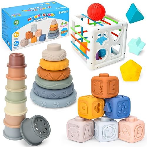 Image of Balnore 5 in 1 Baby Toys 6 to 12 Months, Montessori Toys for Babies 6-12 Months, Pull String Teething Toys for Babies, Stacking Blocks & Stacking Cups & Sensory Toys for Toddlers 0-3-6-9-12-24 Months