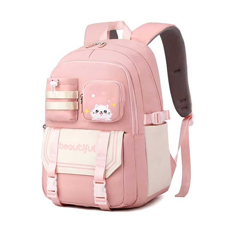 Mochila para Mulheres e Estudantes, Resistente à Água com Estampa de Gato Fofa, Cabe Notebook de 15,6 Polegadas, da Série Jovem e Alegre (Rosa)