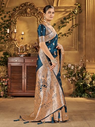 Image of Mehrang Women's Banarasi Silk Kanjivaram Saree For Wedding With Pure Zari Work, Woven Design, With Unstitched Blouse Piece