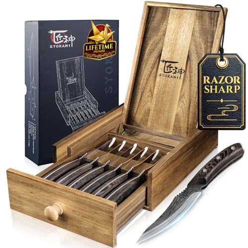SYOKAMI Steakmesser Set 6 Teilig mit Schubladen Organizer, 12,2 cm Hochkohlenstoff Japanischer Edelstahl Fleischmesser ohne Wellenschliff mit Holzgriff Damastmuster, Razor-Sharp Dinner Knives