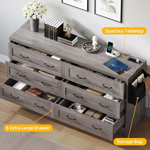 DWVO Farmhouse 6 Drawer Dresser for Bedroom, 59" Wide Large Modern Dresser TV Stand with Drawers & Bar Handles, Storage Dressers with Power Outlets, Rustic Wood Chest of Drawers, Grey