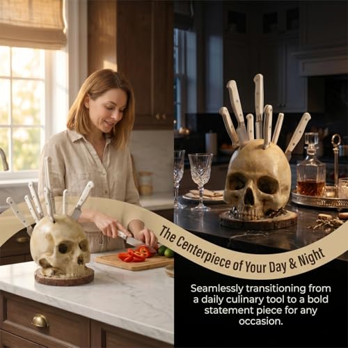 HeiheiTom Life Size Skull Knife Block Holder - Hand Painted Resin Skull with 6 Slots for Kitchen Knives & Fruit, Horror Goth Kitchen Decor, Scary Party Display and Countertop Storage by HeiheiTom - Image 4