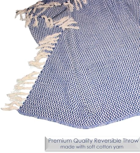 Image of Chevron 78X60 Inch Reversible Cotton Throw Blanket With Tassels| Blanket For Living Room, Sofa, Bed, Chair, Picnic & Used For Gift | Blue Narrow Chevron, Size - 200X150 Cm, 300 tc