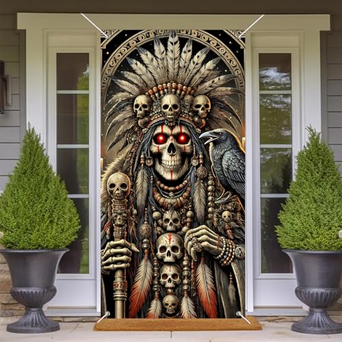 Image of BlissYard Halloween Skeleton Shaman Door Cover 35x71 Inch Fabric | Entry Banner, Wall Backdrop | Skeleton Shaman Door Decor, Party Scene | Porch, Hallway, Photo Area (Haunted House)