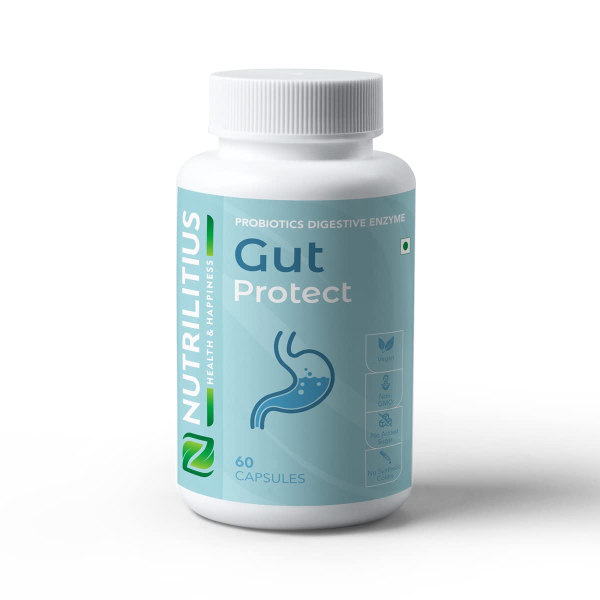 Nutrilitius Probiotic Digestive Enzyme Capsules - for Acidity and Gas Relief | Supports Digestion | Gut Protect Enzyme for Men and Women | Vegan Product (60 capsules)