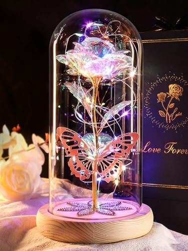 Beferr Birthday Flowers Gifts for Women Galaxy Colorful Rose Crystal Flowers Gifts for mum Eternal Rose Gift for Mother Grandma Wife Daughter Friend on Anniversary Light Up Flower In A Glass Dome Gift