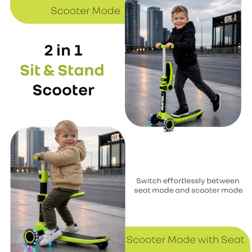 Image of R for Rabbit Road Runner Stellar Duo 2-in-1 Kids Kick Scooter with Foldable & Detachable Ride-On Seat, 4-Level Adjustable Height, LED PU Wheels for Boys & Girls 3+ Years, Up to 75 kg (Neon Black)