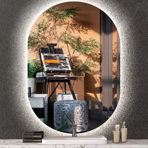THEKLA 30 x 40 Inch Oval Lighted Vanity Mirror with Lights Backlit Smart Memory 3 Color Dimmable AntiFog 40