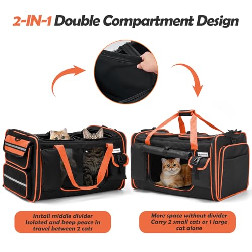 Odoland Katzentransportbox für 2 große Katzen 60×38×35cm - Faltbar Erweiterbarer Transporttasche Katze Welpen, atmungsaktiv Hundetragetasche mit Schultergurt & Katzenklo - Ideal für Reise, Auto