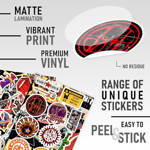 Image of CodersParadise - Pack of 101 Evergreen Rock Band Vinyl Stickers for Laptop, Journal, Guitar, Mobile Phone - Waterproof Residue Free Multicolor Stickers - 3 Inches for Metal, Glass, Wooden