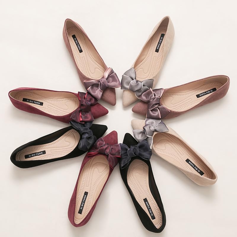 Women's Bow Ballet Flats Comfortable Suede Pointed Toe Low Heel Flats, Dressy Casual Slip On Walking Shoes for Women 6