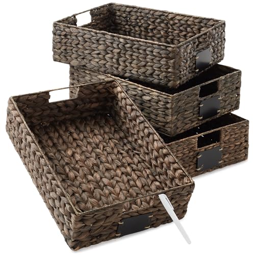 Set of 4 Water Hyacinth Pantry Baskets, 12-1/2" x 17" x 5", with Chalkboard Labels and Chalk Marker