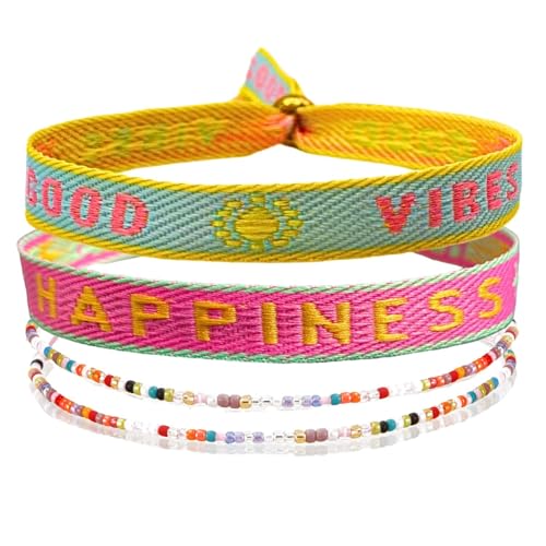 happymaker - Set 4 Bracciali Boho in tessuto e perline di vetro regolabili con nodo scorrevole e perlina