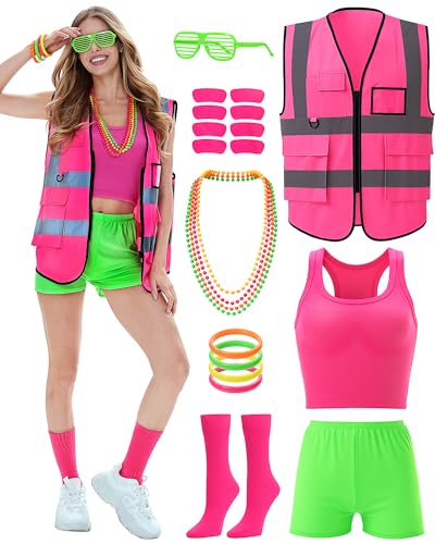 Croknit 14 Pcs Neon Outfit 80s Costume Accessories Football Game Outfit Construction Workers Safety Vest for Glow Party(M Pink)