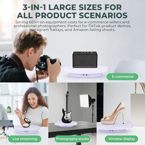 Flyrivergo 3 in 1 Motorized Rotating Display Stand, 11.8/13.7/15.7inch 33lbs Photography Turntable, Rechargeable & Remote Control, Ideal for E-Commerce & Live Streaming, 360° Videos, TikTok/Instagram