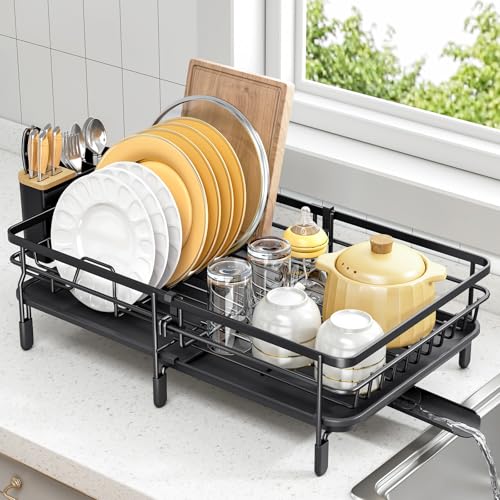 Urackify Expandable Dish Drying Rack for Kitchen Counter, Large Extendable Dish Rack with Bamboo Cover Cutlery Holder, Multifunctional Adjustable Dish Dryer Drainer