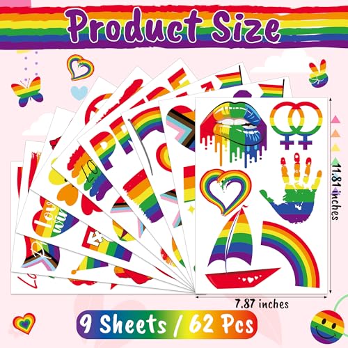 Image of 62 PCS Gay Pride Window Clings, 9 Sheets Pride Decorations, Double-Sided Rainbow Window Clings with Progress Flag Equality Love Motifs, LGBT Stickers for Lesbian Pansexual Bisexual Home Decor