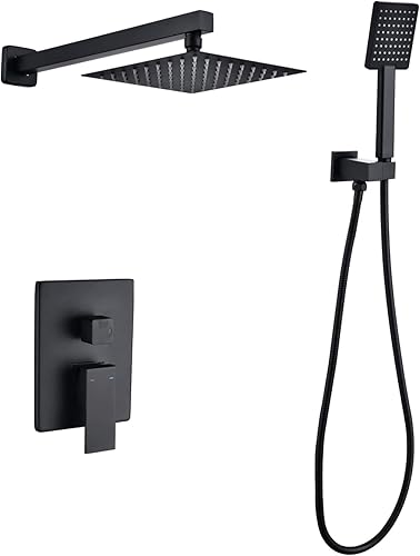 LFGUD Juego de grifo de ducha de lluvia para baño, color negro mate, cabezal cuadrado de 8 pulgadas con kit de cabezal de ducha de mano, válvula de