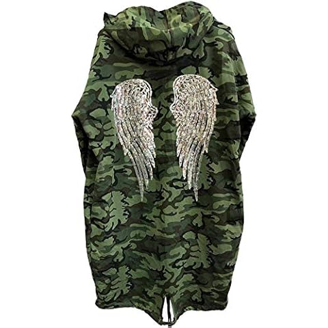 GirlzWalk@ Women Sequince Angel Wings Back Over-Sized Camouflage Print Jacket Coat Cardigan (Khaki Camouflage, ML/UK 12-14) Cover