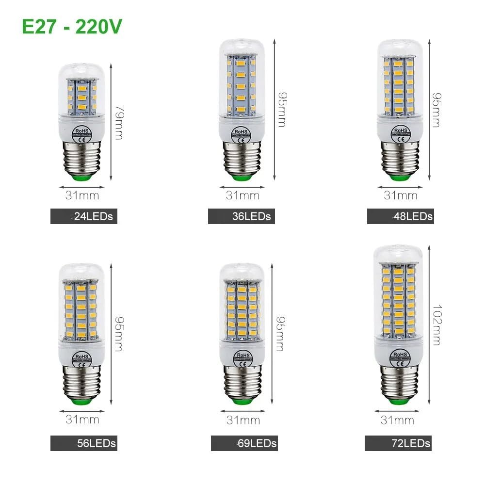 XYAL Lampadine, Confezione da 15, AC220V Lampada LED a mais AC220V E27/E14/B22/G9/GU10 SMD5730 Lampadario Faretto Decorazione domestica Lampadina(E27,Warm White 72LEDs)