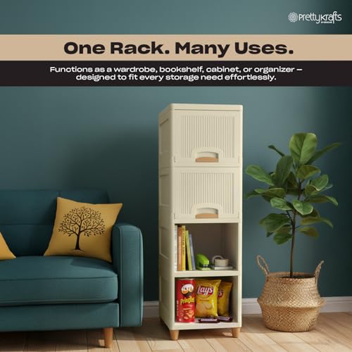 Image of PrettyKrafts 4-Unit Collapsible Wardrobe with Magnetic Lock | Foldable Modular Storage Box /Almirah for Kids Clothes, Toys & Books | Space-Saving Wardrobe Cabinet /Cupboard for Bedroom (Ivory)